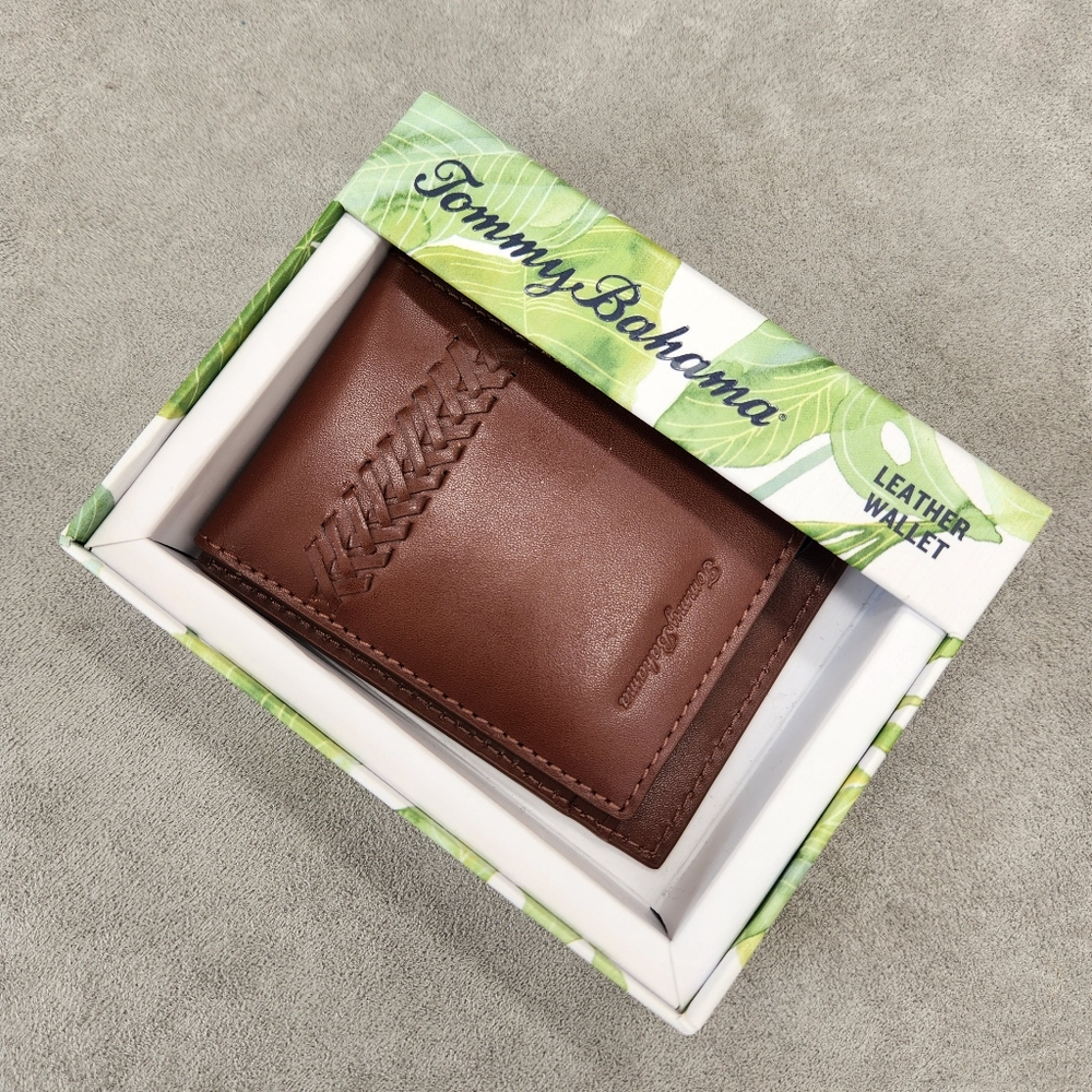 Tommy Bahama Wallet Men's Brown Leather Bifold Slim Magnetic Box Gift New $75